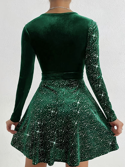 Elegant Women’s Velvet Dress with Cross Neck and Belt - Long Sleeve, Black with Sparkling Stars, Polyester Blend, Machine Washable, Perfect for Casual or Evening Wear