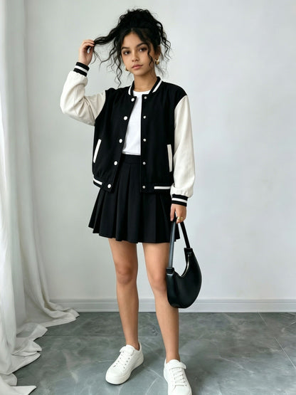 Girls Preppy 2-Piece Baseball Jacket & Pleated Skirt Set