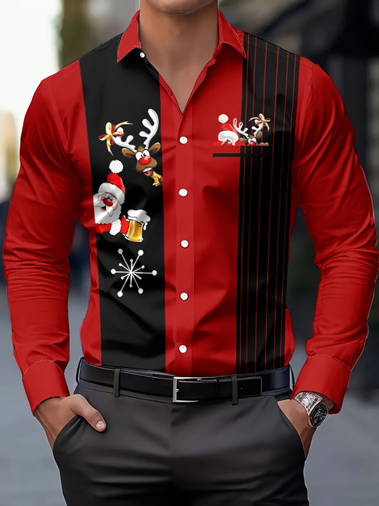 Men'S Christmas Long Sleeve Shirt - Red & Holiday Party Shirt with Santa Claus, Reindeer & Snowflakes, Button-Up Collar, Non-Stretch Fabric for Christmas, Halloween, New Year