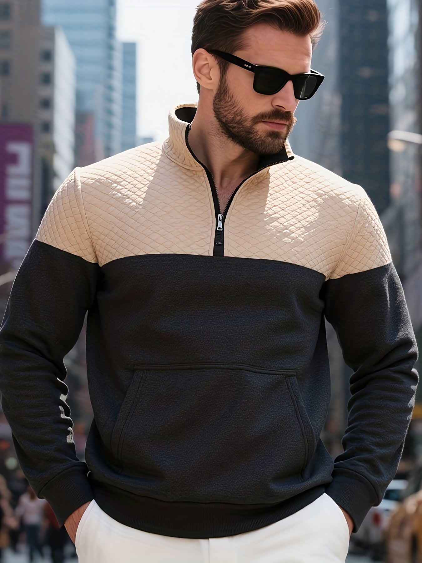 Men's Casual Half-Zip Color Block Sweatshirt with Kangaroo Pocket