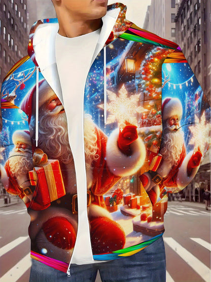 Men's Santa Print Hooded Sweatshirt - Full-Zip Full-Length Zipper Hoodie with Santa Claus & Reindeer/Christmas Tree Patterns, Machine Washable Casual Winter Gym Wear for Christmas Parties, Spring/Fall Outdoor Activities ( Siz