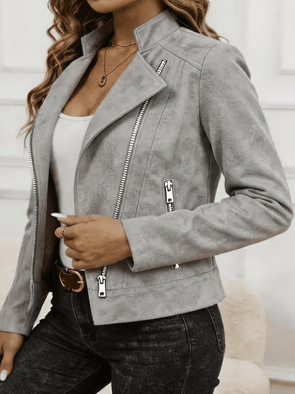 Plus Size Elegant Biker Jacket with Metallic Zipper for Spring/Fall