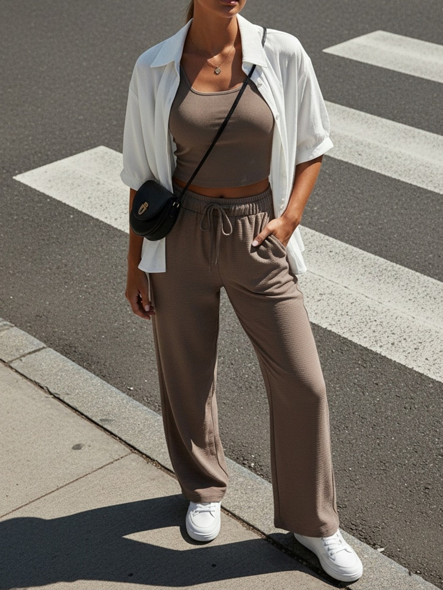 Women's 3-Piece Casual Button-Up Top, Vest & Wide-Leg Pants Set