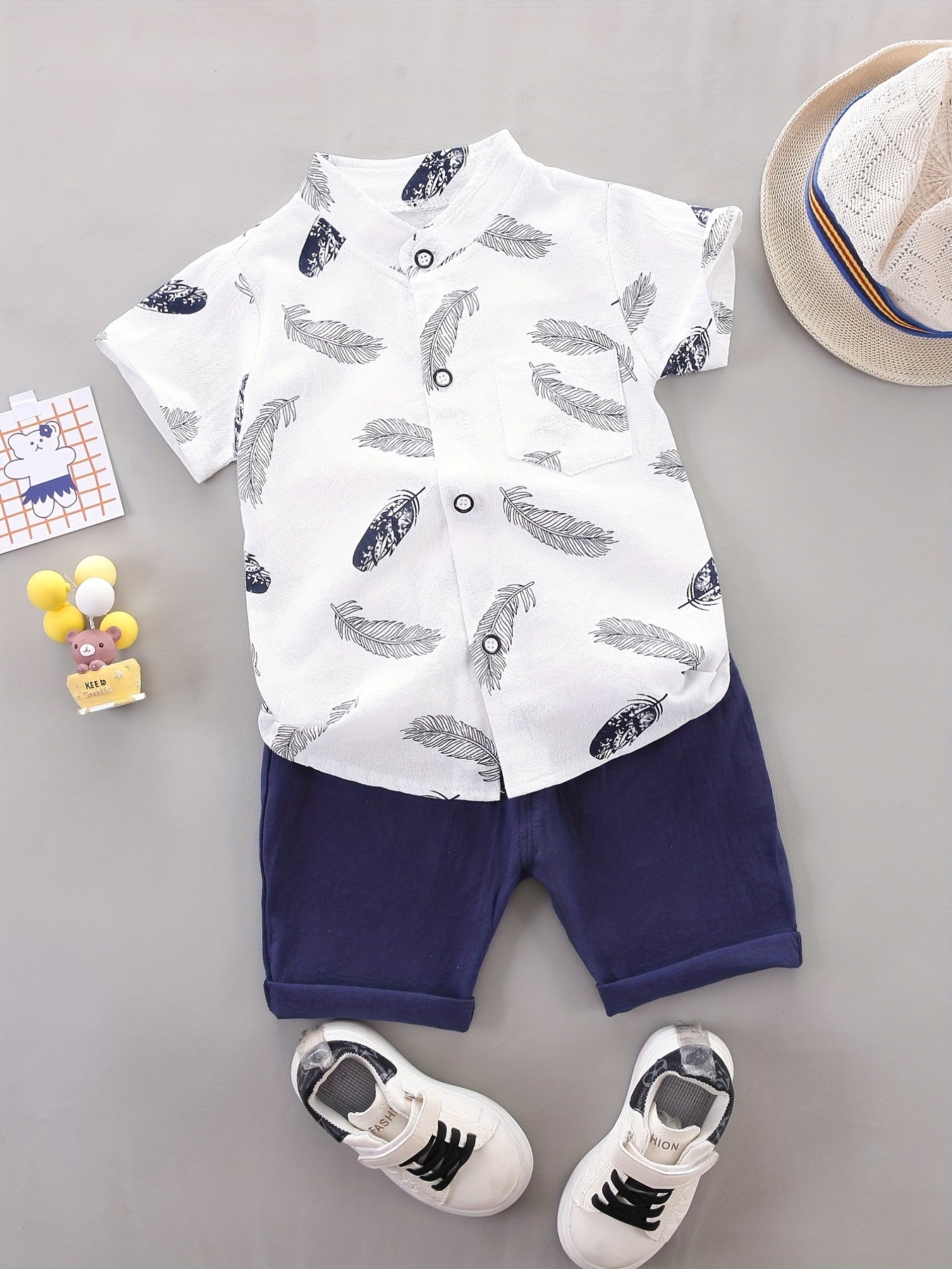 Baby Boys Cotton Feather Print Short Sleeve Shirt & Shorts Set