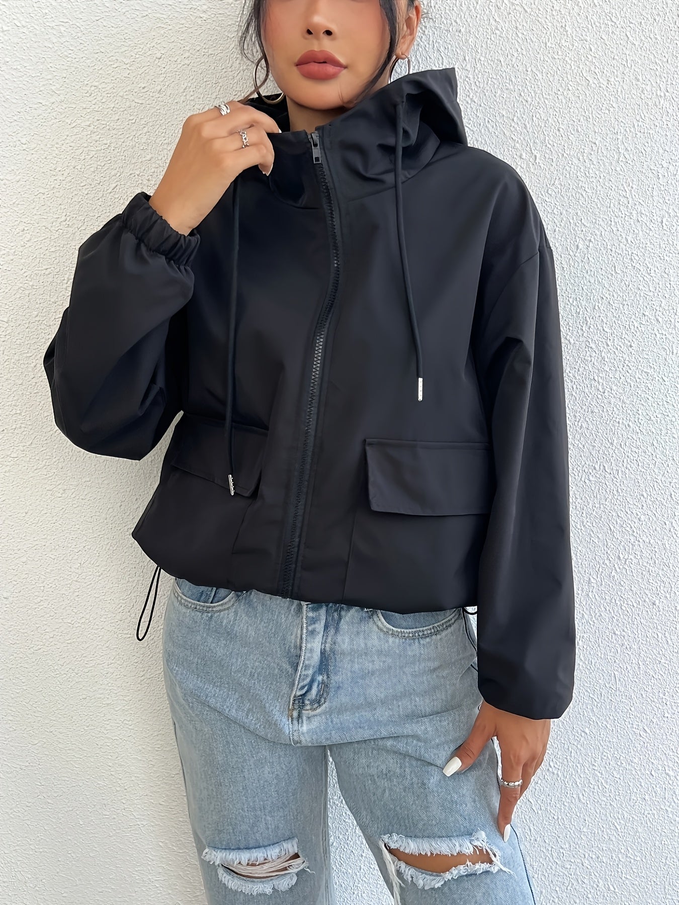 Women's Windproof Zip-Up Hooded Jacket - All-Season Lightweight Coat with Full-Zip Closure, Front Pockets - Elegant Minimalist Design for Office, Travel, Everyday Commute - Machine Washable Women's Outerwear, Zip Up Jacket, C