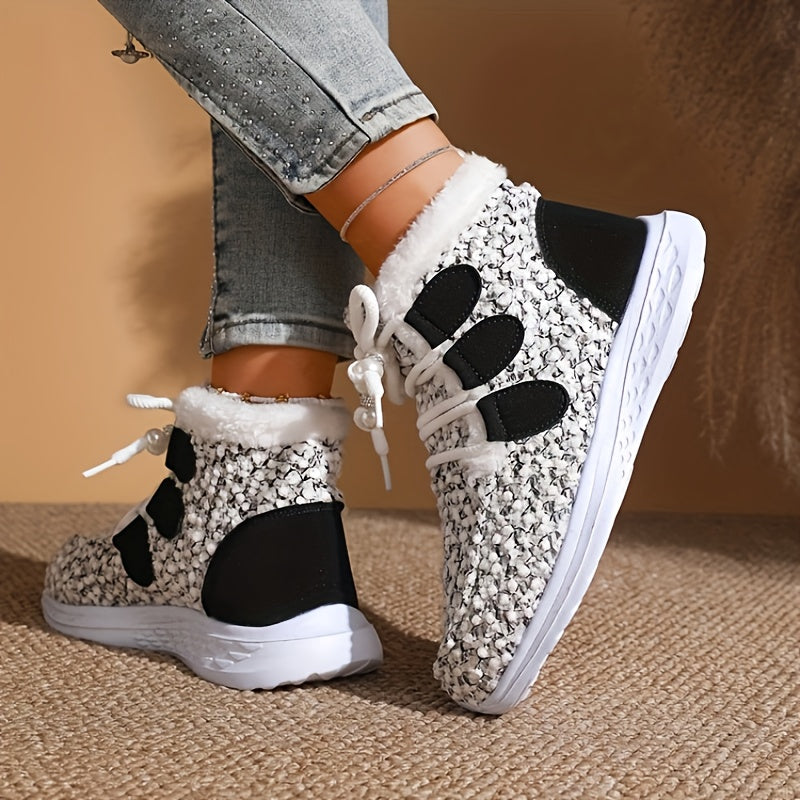 XS Women's Fashionable Comfortable Warm Light White Plush Lace-Up Short Boots + Faux Fur Texture, Trendy Casual Snow Boots, Long Winter Boots for Women, Wide Fit Boots for Women Plus Size Faux Fur Boots, Snow Boots for Women