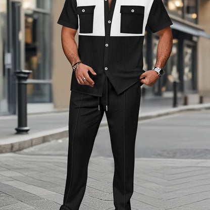 Men's Summer Two-Piece Set, Waffle Fabric Contrast Color with Pockets Short-Sleeved Shirt + Casual Trousers Suit, Leisure Light Business Vacation Daily Multiple Scenes