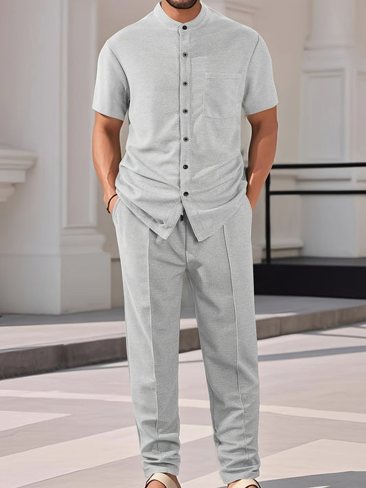 Men'S Two-Piece Set Featuring a Short-Sleeve Cardigan with Pockets And Drawstring Pocket Long Pants, Perfect for a Clean And Comfortable Summer.