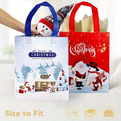 6/12pcs Christmas Gift Bags with Handles, Medium Reusable Non-Woven Tote Bags for Wrapping Gifts or Party Favors, New Year Shopping Bag, 25×20×10cm
