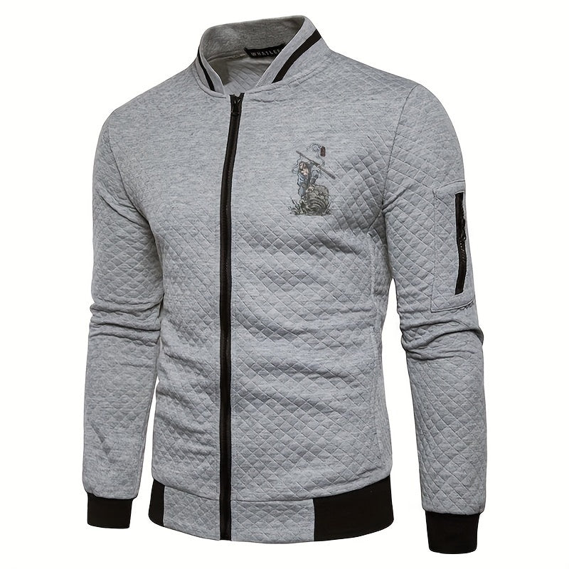 Men's Casual Stand Collar Jacket - 100% Polyester Knit Fabric with Slight Stretch, Solid Color Zippered Spring/Fall Outerwear with Cartoon Embroidery