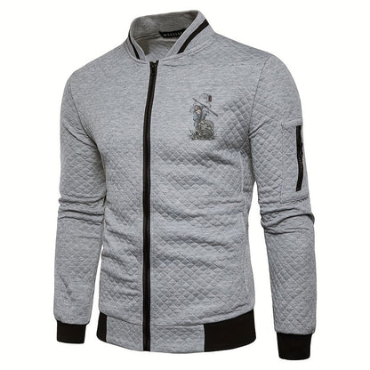 Men's Casual Stand Collar Jacket - 100% Polyester Knit Fabric with Slight Stretch, Solid Color Zippered Spring/Fall Outerwear with Cartoon Embroidery