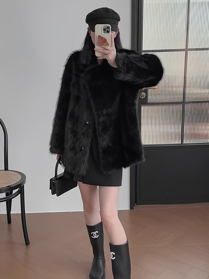 2025 New Autumn/Winter Women's Short Faux Fur Coat with Lapel, Fuzzy Short Outerwear, Casual Fashion Thickened Faux Fur Overcoat