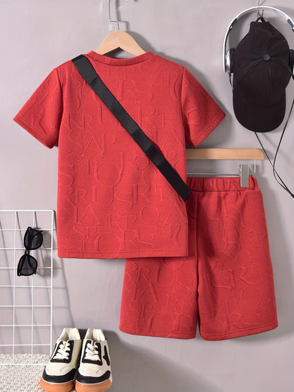 Boys' Stylish White Short Sleeve T-Shirt + Casual Shorts + Fashion Crossbody Bag Set, Perfect for Outdoor