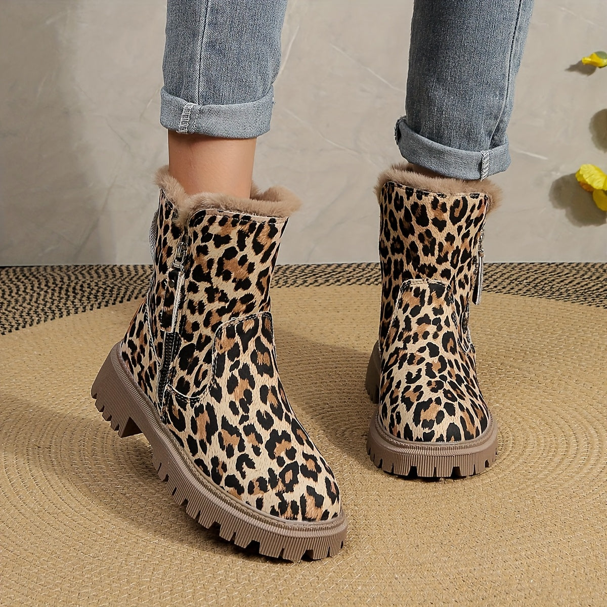 Women's Winter Snow Boots with Collar & Leopard Print - Thickened Warm Round Toe, Chunky Rubber Sole, Beige/Brown/Black/White/ - Round-toe Fabric Upper for Ice & Snow Traction, Cold Weather Footwear (No-Slip)