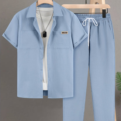 Summer Men'S Casual Bread Pattern Texture Short Sleeve Long Pants Shirt Set, 100% Polyester, Double Pocket Shirt, Turnover Woven Top Can Be Machine Washed and Dry Cleaned