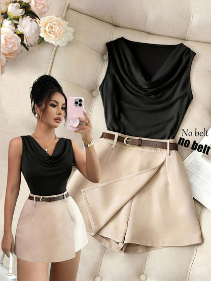 Women's Elegant Sleeveless Brown Vest & Apricot Shorts Set
