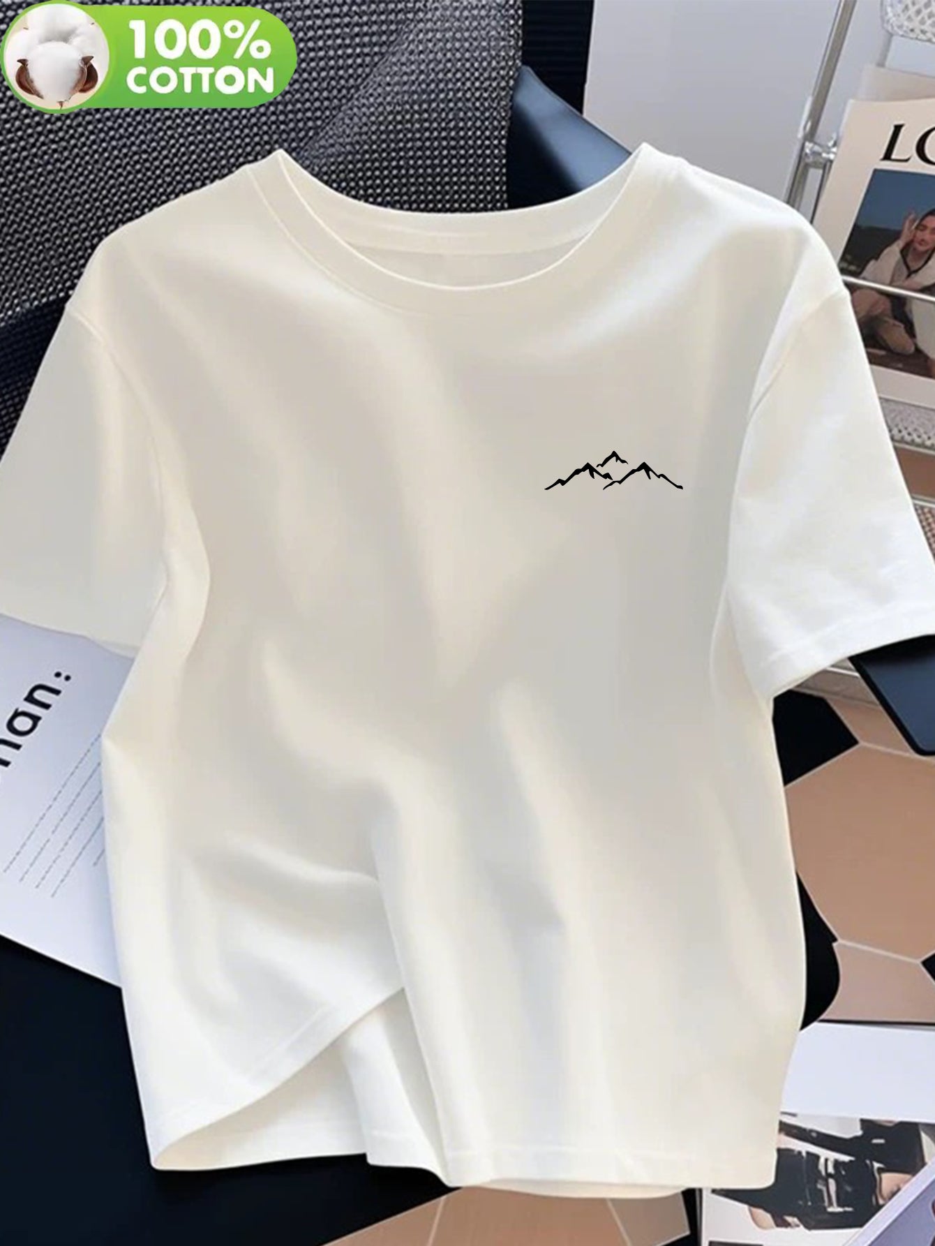 Women's 100% Cotton Crew Neck T-Shirt with Mountain Art Print