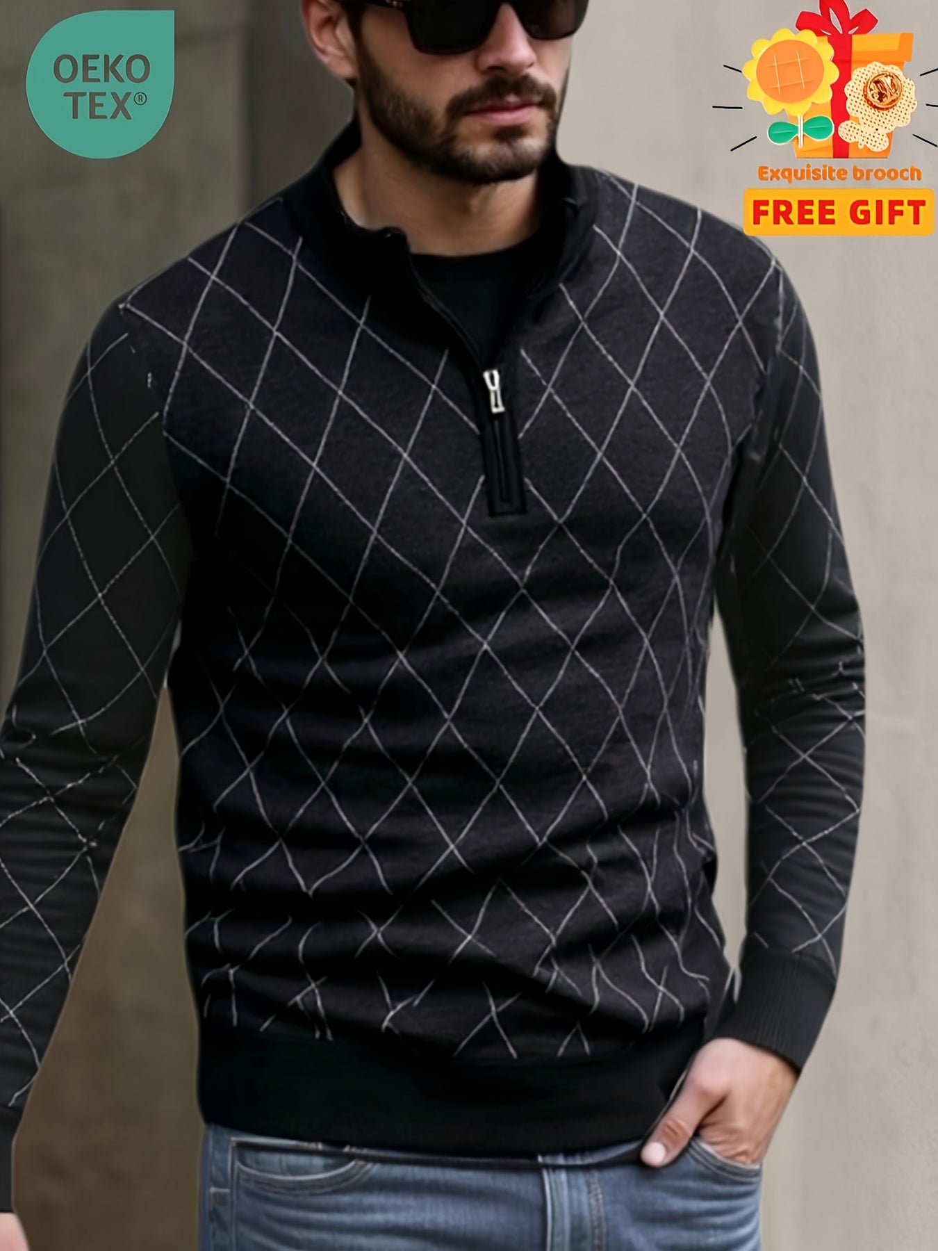 Men's Casual Quarter Zip Knit Sweater with Geometric Pattern