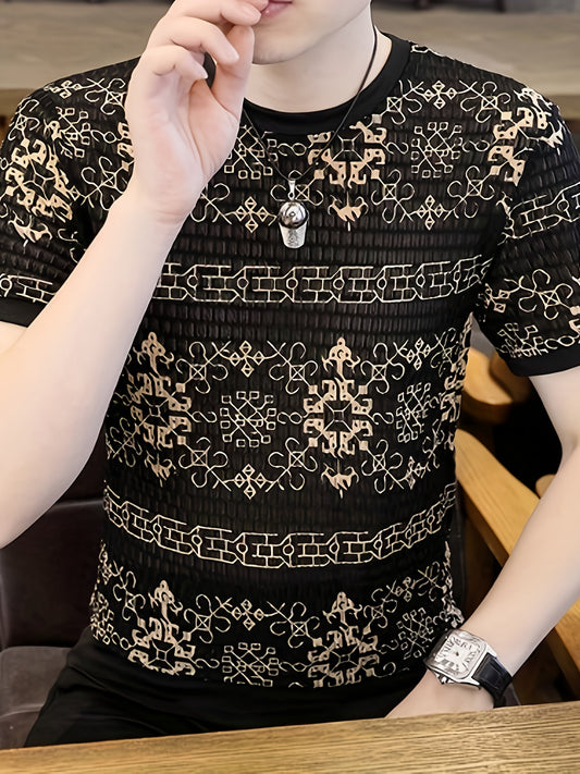 Men'S Vintage-Inspired Geometric Pattern Short Sleeve T-Shirt - Black  White Contrast, Regular Fit Crew Neck, Summer Casual Tee for Men, Casual Attire   Contrast Color Design   Nonelastic Material