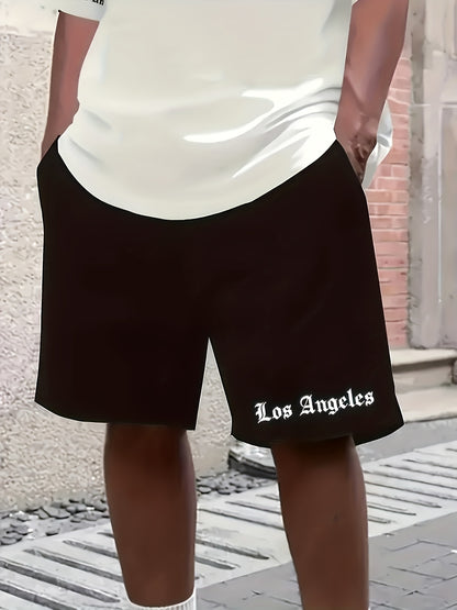 Los Angeles English Pattern Men's Short Sleeve Shirt + Casual Sport Set, Breathable Soft Summer Outfit with Pocketed Shirt and Drawstring Shorts