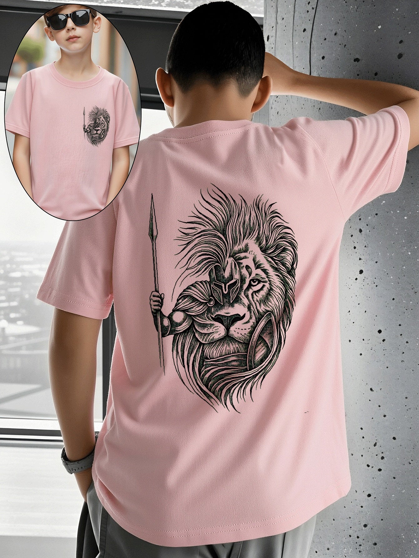 Boys' Cotton T-Shirt with Lion Warrior Print - Casual Summer Top