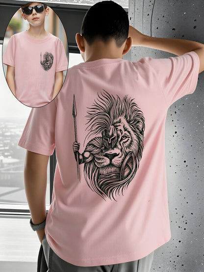 Boys' Cotton T-Shirt with Lion Warrior Print - Casual Summer Top