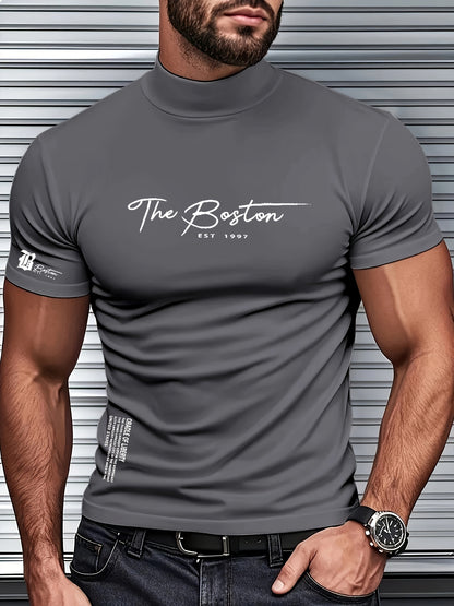 Men's Slim Fit Breathable Moisture-Wicking Short Sleeve T-Shirt - Lightweight All-Season Small Stand-Up Collar Tee with Boston Letter Print for Gym, Outdoor  Casual Wear, Active Lifestyle, Modern Design, Durable Construction