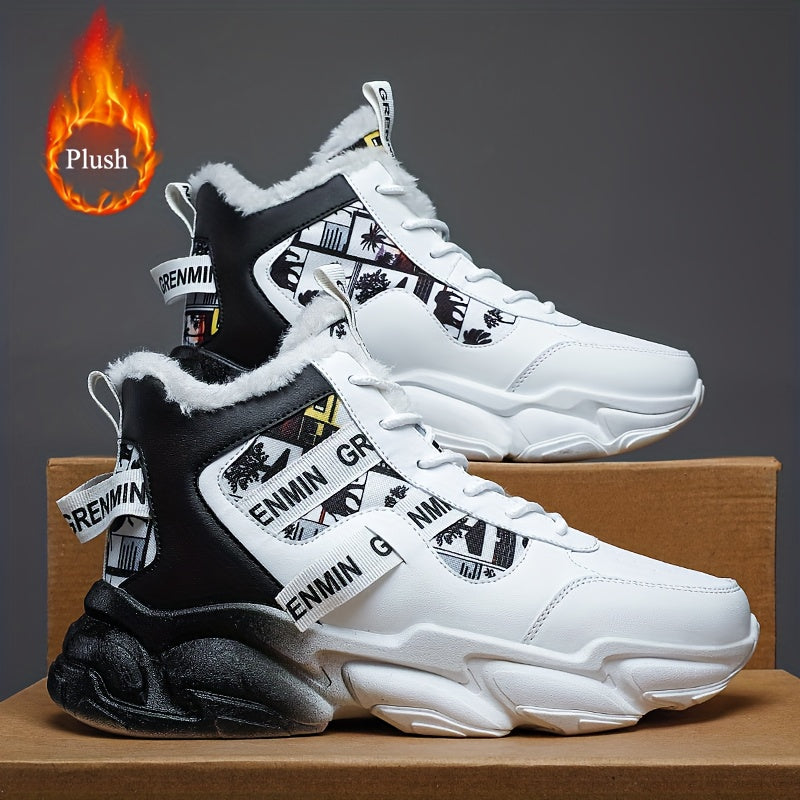 Men's High-Top Sneakers - Winter-Ready Upper & Cushioned EVA Sole, White/Black/Gray/White Colorway with Lace-Up Closure, Round Toe & Arch Support - Casual & Formal Winter Shoes for Men, Gym, Casual Attire - All-Terrain Tracti