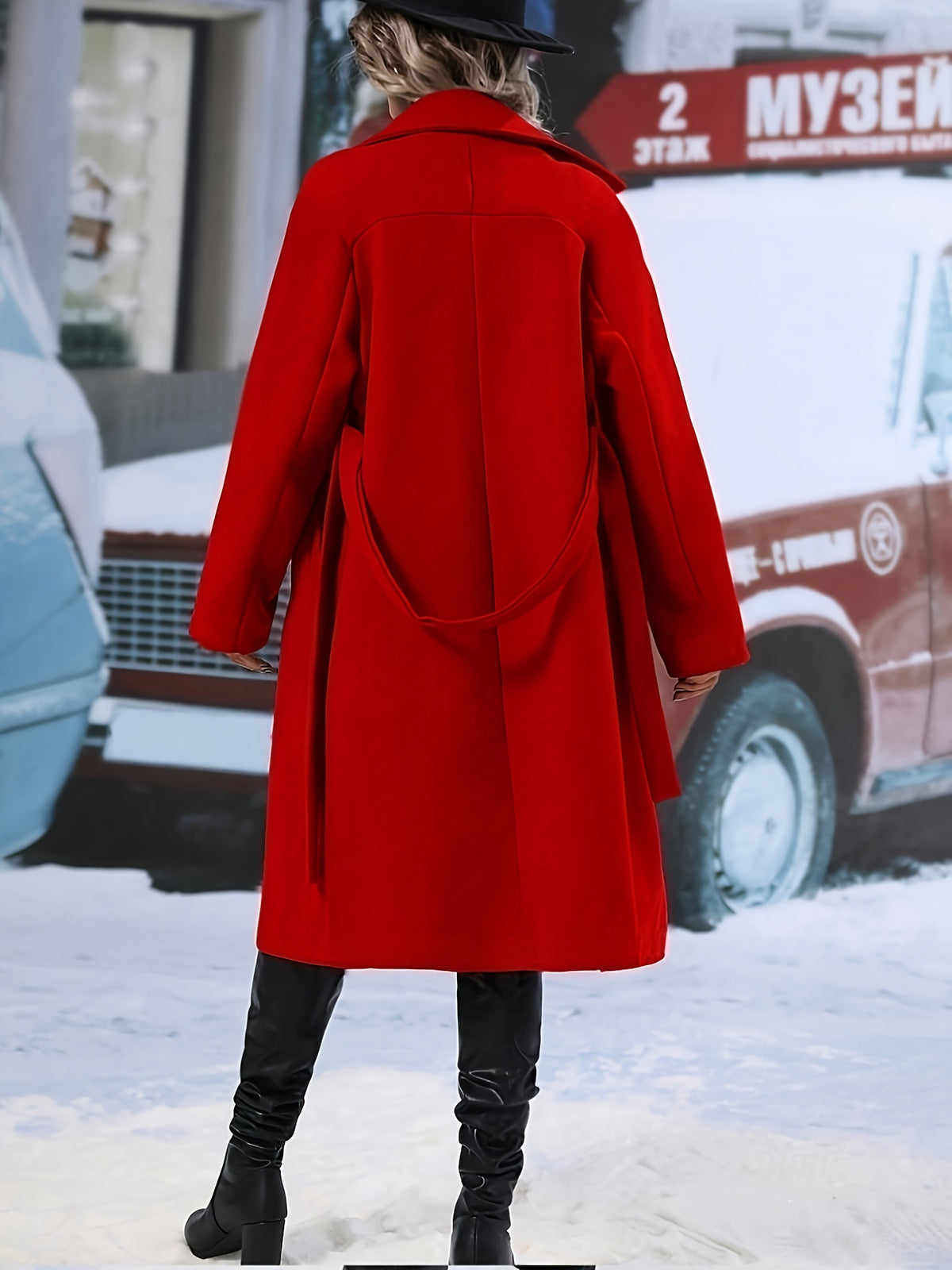 Women's Elegant Double-Breasted Tweed Overcoat with Tie Belt