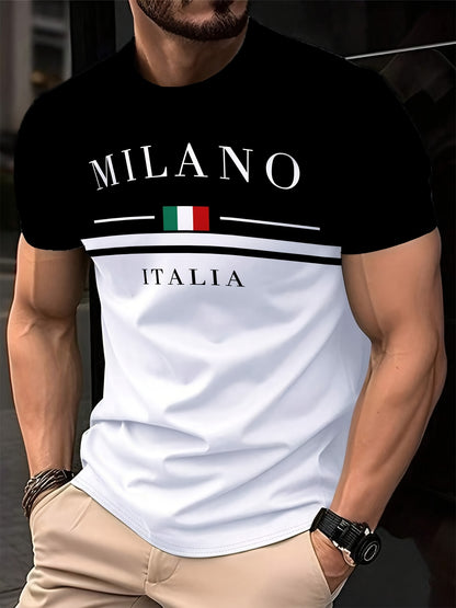 Men'S Milan 3D Print T-Shirt - Casual Crew Neck, Short Sleeve, Lightweight Polyester Tee with Italian Flag Design - Perfect for Travel, Camping, Sports  Outdoor Activities