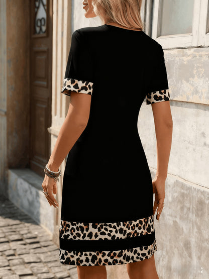 Women's Casual Leopard Print Tunic Dress with Color Block