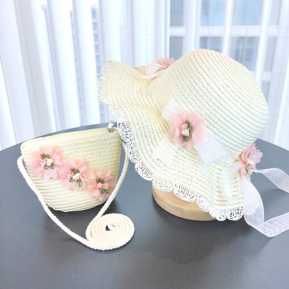 Girls 2pcs Straw Sun Hats Lightweight Floral Fisherman Style