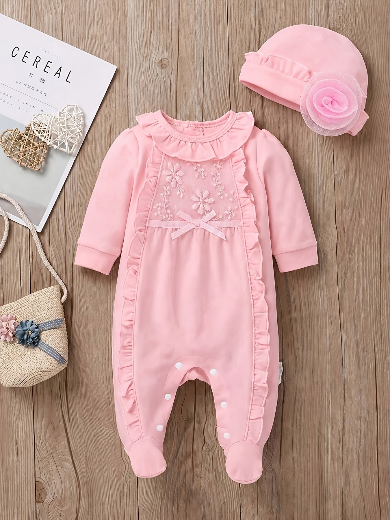 Baby Girl Cotton Romper Set with Ruffle Trim and Hat 0-12m