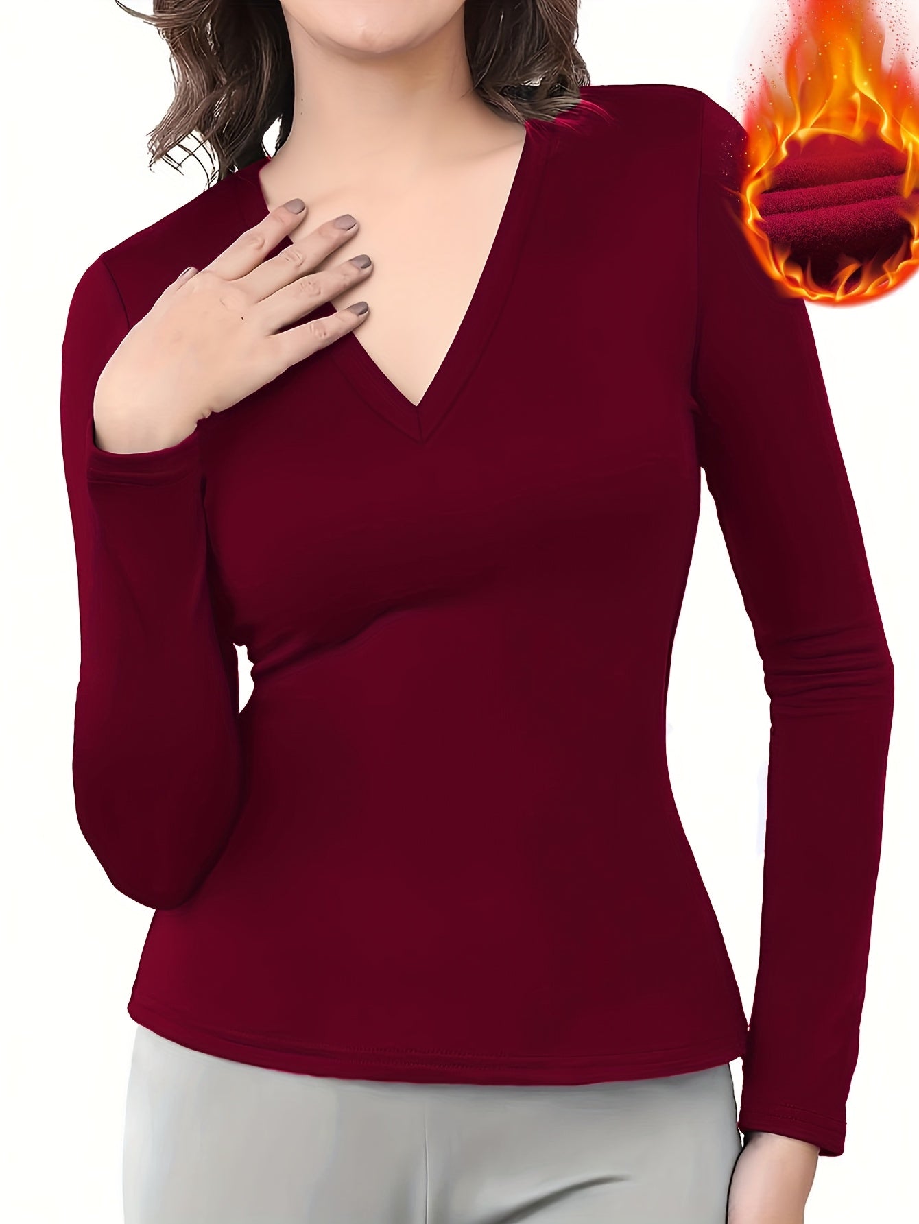 Women'S V-Neck Long Sleeve Top - Elegant Maroon Blouse with Fire Design, Stretchy Fabric for Fall/Winter, Office, Party, Everyday Outfits - Women'S Fashion Clothing, Ladies Tops And Blouses, Party Attire, Office Wear, Stylish