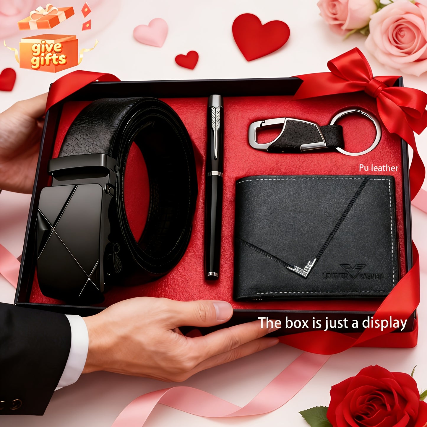 4pcs Belt Gift Set, Fashion Wallet + Belt + Keychain + Portable Pen, Business 4pcs Set for Men - Premium Gift for Boyfriend, Brother or Friend, Christmas Gift for Him, Men's Gift (No Gift Box)