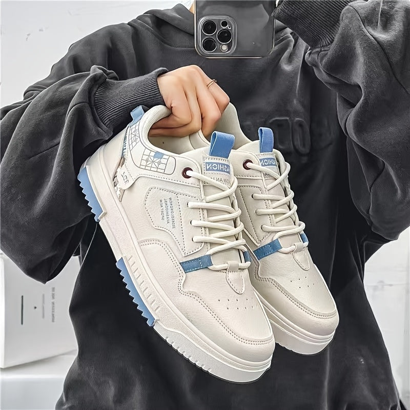 Men's Skate Shoes with Good Grip  Breathable Design - PU Upper, Cushioned PVC Sole, Black/Blue Letter Pattern Lace-Up Sneakers for All-Season Casual  Sports Wear, Allseason Shoes   Modern Casual Shoes   Comfortable Wear