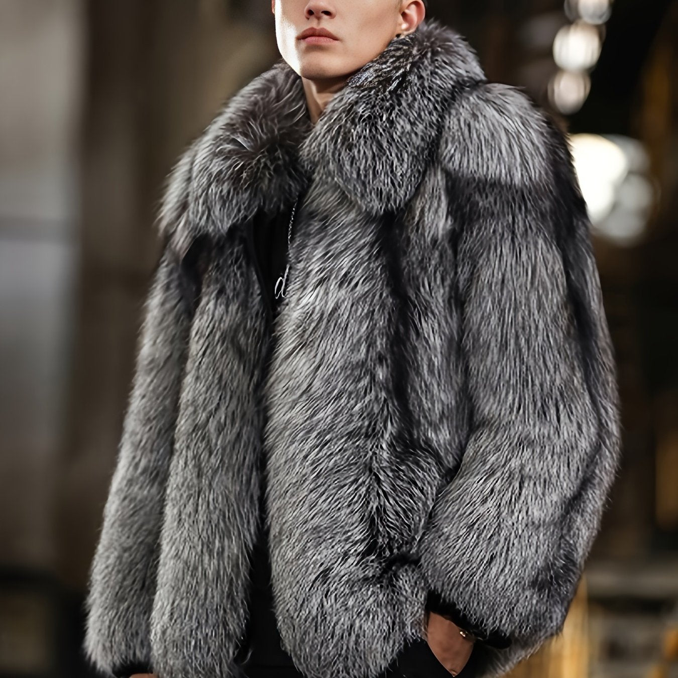 Men'S Faux Fur Coat with Imitation Fur Lining, Square Neck Zipper Short Winter Windproof Warm Loose Casual Jacket for Young Style