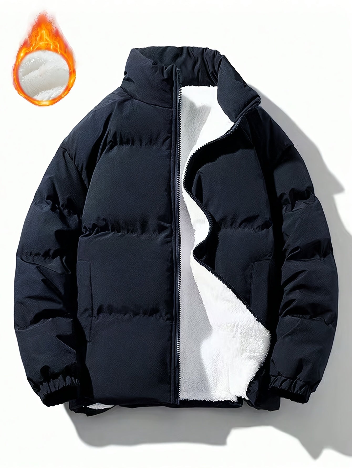 Yilong OBM Men's 2025 Fleece-Lined Winter Coat - Stand Collar Padded Insulation, Machine Washable Polyester, Solid Color Casual Jacket with Zipper Closure for Cold Weather, Winter Jacket, Outdoor Clothing, Minimalist Design,