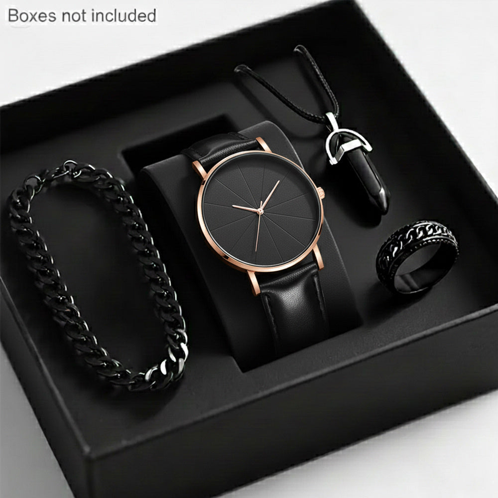 Men'S Luxury Quartz Wristwatch and Jewelry Set | Black Analog Watch with Dual Display, Includes Matching Bracelet, Necklace, and Ring - Ideal for Birthdays, Christmas, Ramadan