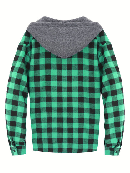 Plaid Shirt Coat For Men Long Sleeve Casual Regular Fit Button Up Hooded Shirts Jacket