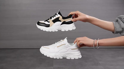 Women's Breathable Mesh Chunky Sneakers - Lightweight Casual Dad Shoes with Soft EVA Sole, White  Golden Accents, Black  Golden Design, Perfect for Running, Travel  Casual Attire