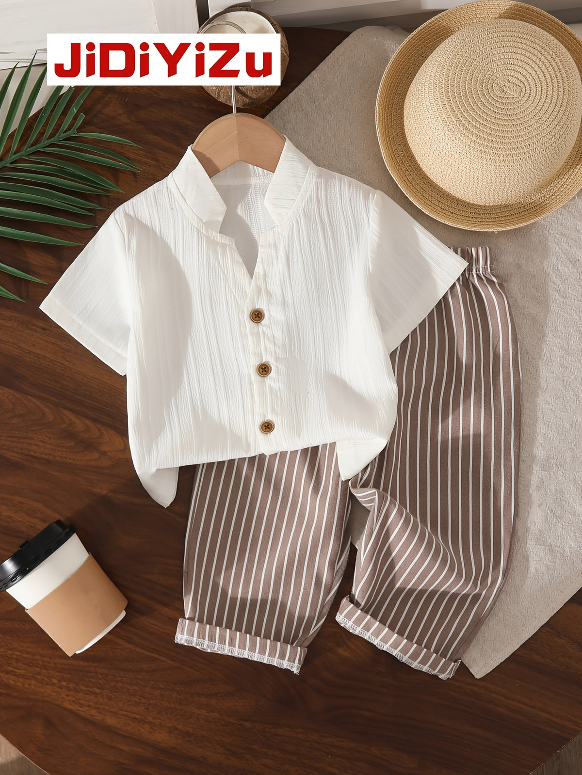 Boys' Casual Summer Shirt and Pants Set, Polyester Blend - ayq