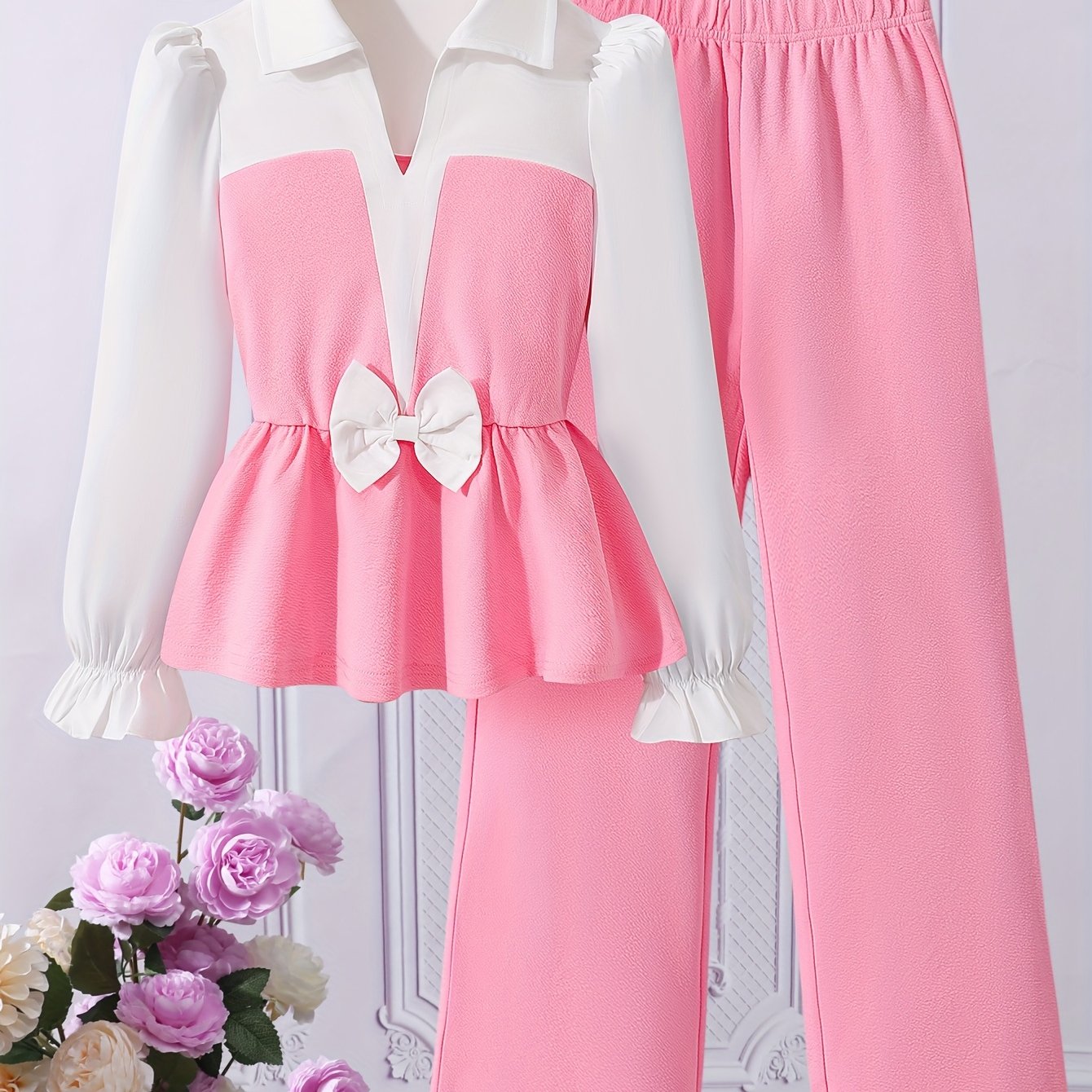 ' Fashionable Autumn Elegant Lapel Bow-Decorated Long-Sleeved Shirt And Straight Wide-Leg Trousers Two-Piece Set, for Outdoor