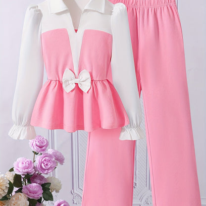 ' Fashionable Autumn Elegant Lapel Bow-Decorated Long-Sleeved Shirt And Straight Wide-Leg Trousers Two-Piece Set, for Outdoor