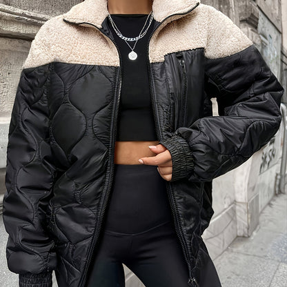 2025 Autumn And Winter Fashion New Street Casual Trend Quilted Spliced Lamb Long Sleeve Warm Jacket for Women