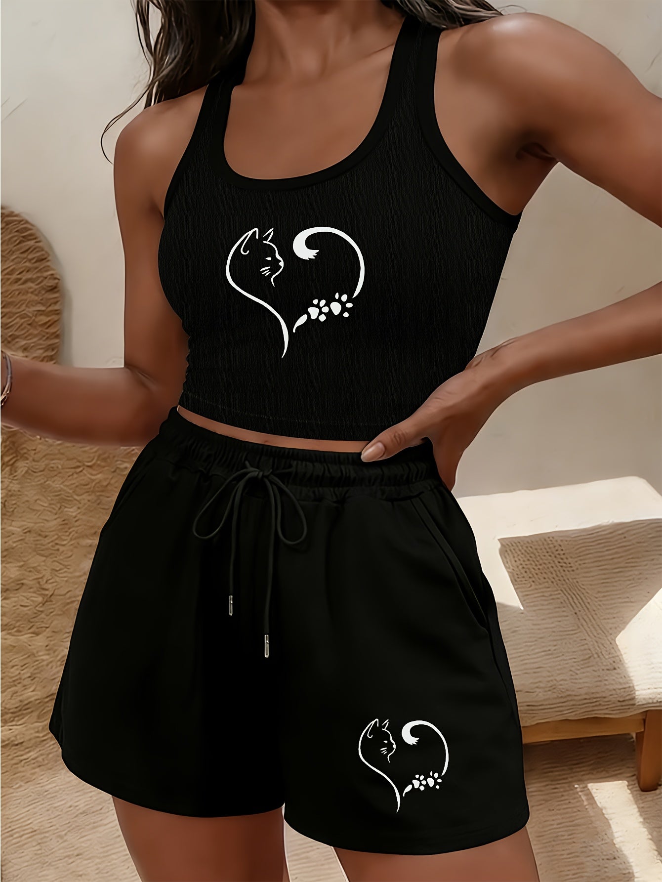 Buttery-Soft Crop Tank & Drawstring Shorts Set for Casual Wear
