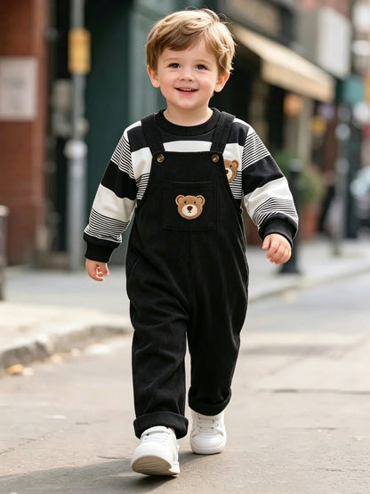 Boys' Fall/Winter Striped Top & Corduroy Suspender Overalls Set - ayq