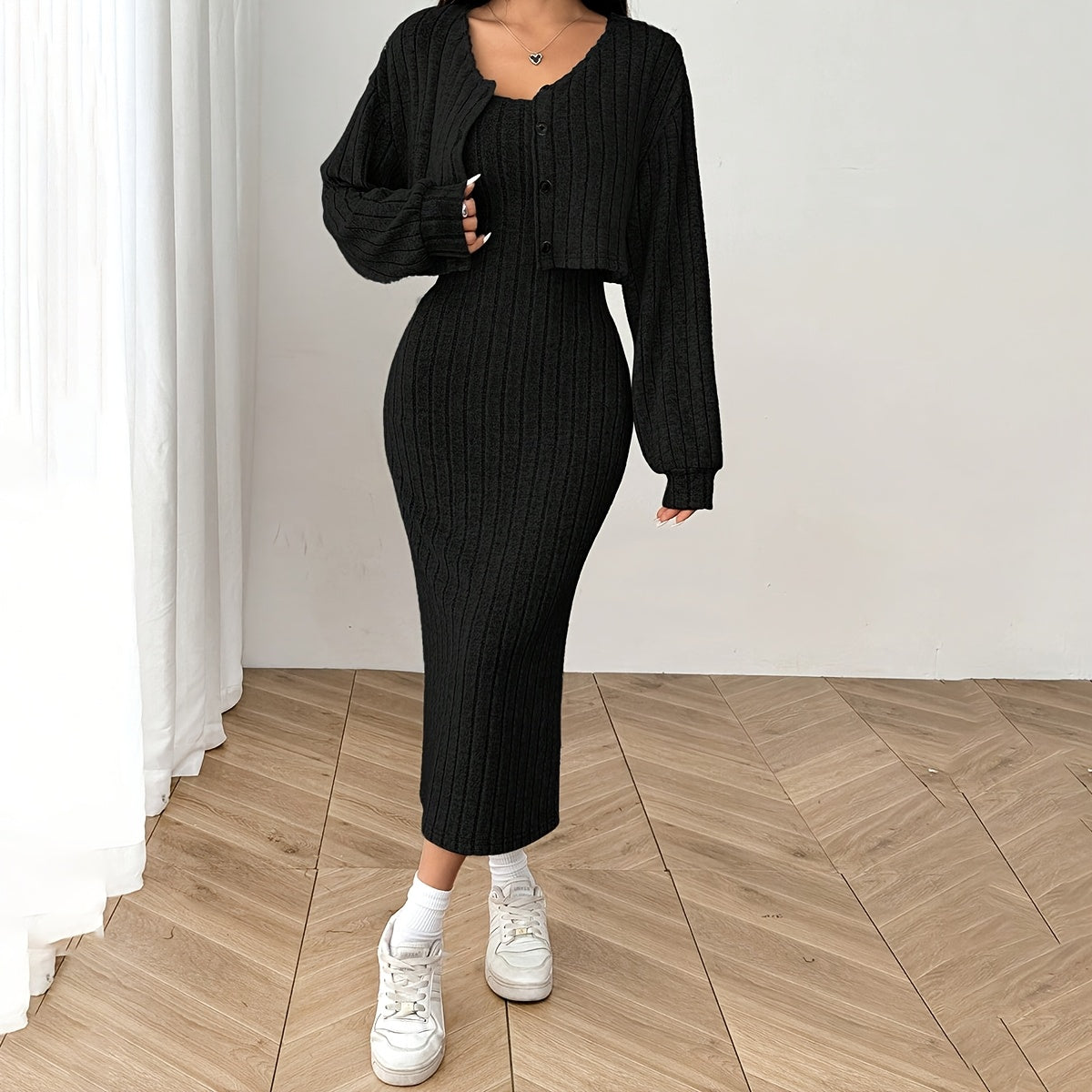 Women'S Autumn And Winter Outfit Featuring a Long-Sleeve Top with a Coat And a Camisole Dress in a Two-Piece Set.