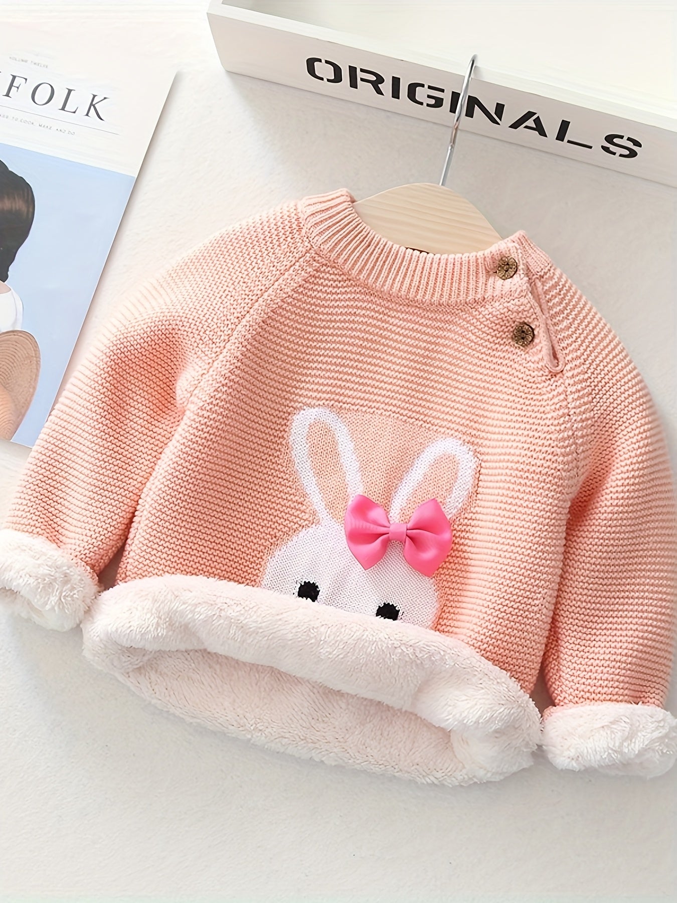 Girls' Knit Bunny Pullover Sweater with Bow - Warm Winter Cotton