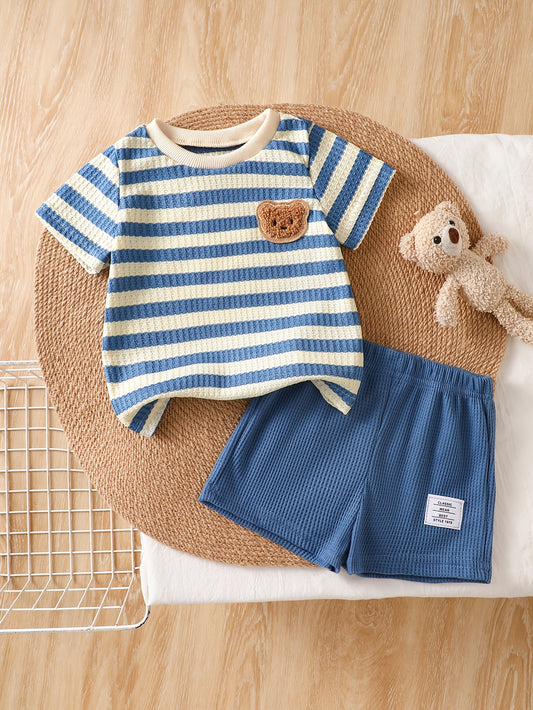 Baby Summer Striped Red White Set with Bear Plush Shorts